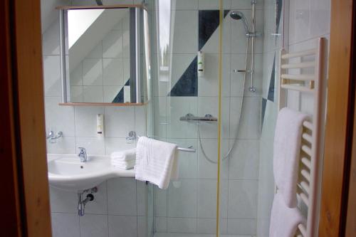 a bathroom with a sink and a shower at Pension Lammerhof in Unterlamm