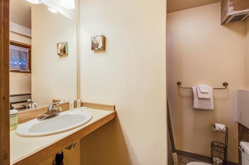 a bathroom with a sink and a mirror at Owl Lane Home in Orcas