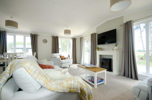 een woonkamer met een witte bank en een open haard bij Hollicarrs - Woodland Lodge in York
