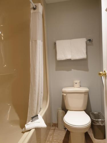 a bathroom with a toilet and a shower with towels at Riverland Inn & Suites in Kamloops