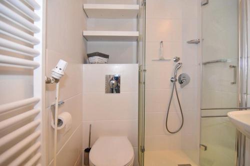 een badkamer met een douche, een toilet en een wastafel bij Westerländer Nest in Westerland