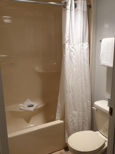 a bathroom with a white shower curtain and a toilet at Riverland Inn & Suites in Kamloops