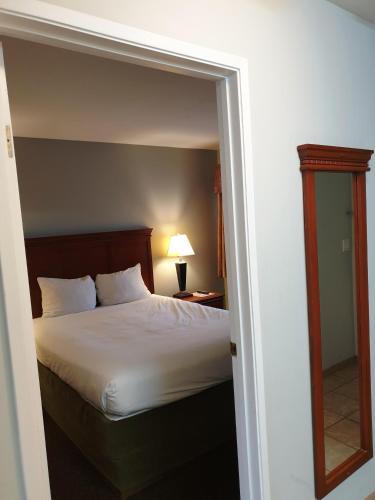 a bedroom with a large bed and a mirror at Riverland Inn & Suites in Kamloops
