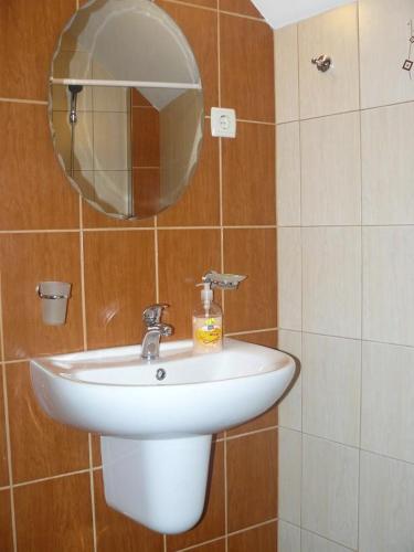 a bathroom with a white sink and a mirror at Guesthouse Geto in Belogradchik