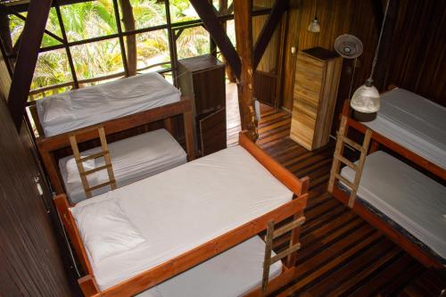 a room with two bunk beds and a desk at Hostel Plinio in Manuel Antonio