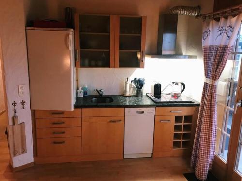 a kitchen with a refrigerator and a sink at Casa Alpetta in Flumserberg