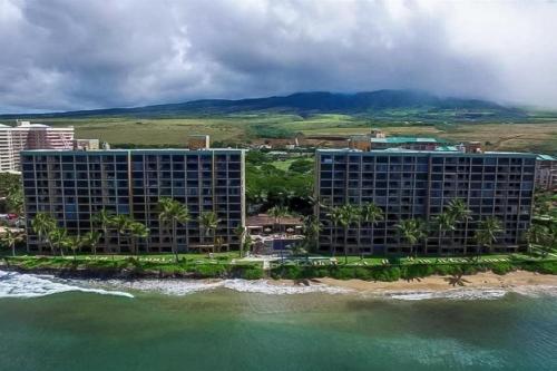 an aerial view of a resort on the beach at Mahana at Kaanapali in Kaanapali