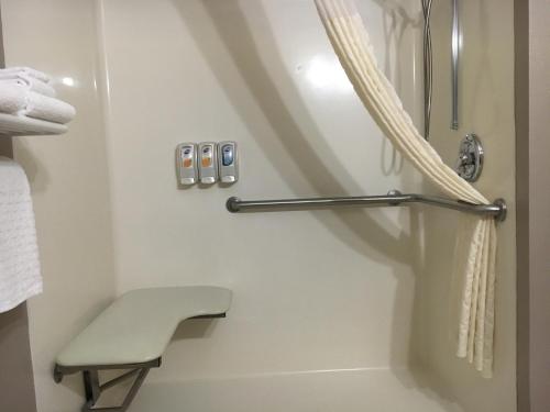 a bathroom with a shower with a bench in it at Best Western Wheatland Inn in Colfax