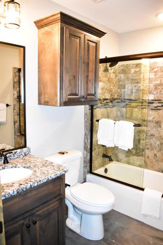 a bathroom with a toilet and a sink and a shower at Table Rock Resorts at Indian Point in Branson