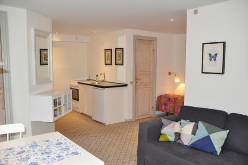 a living room with a couch and a kitchen at Lundsgaard Apartments in Fåborg