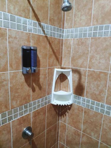 a bathroom with a urinal on a tiled wall at Habitación Hansa in Puerto Vallarta