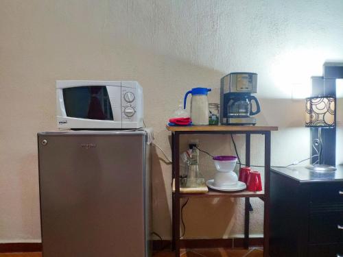 Un four micro-ondes est installé au-dessus d'un réfrigérateur. dans l'établissement Habitación Hansa, à Puerto Vallarta