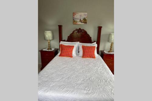 a bedroom with a large bed with orange and white pillows at Pond View Apartment in Pamphret