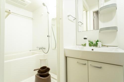 Baño blanco con lavabo y espejo en Voga Corte Chidoricho, en Tokio