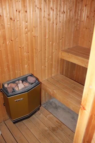 a inside of a wooden sauna with two shelves at Trunna Vandrarhem & Konferens in Orsa