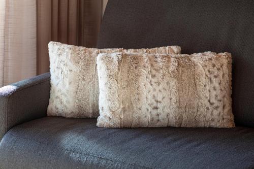 a pillow sitting on top of a blue couch at Kronplatz LOFT Bruneck in Brunico