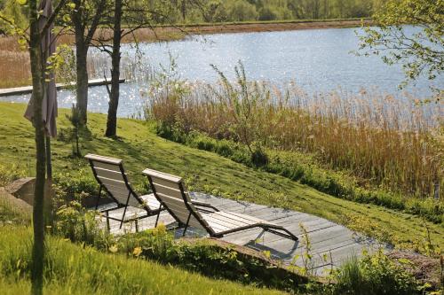 two chairs sitting on a boardwalk next to a lake at Lavender Village in Kiemeliai