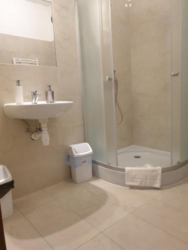 Apartamenty Rynek في ليزايسك: حمام مع حوض ودش ومرحاض