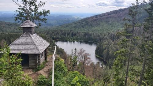 a chapel on a hill with a view of a lake at Apartmany U Ády in Železná Ruda