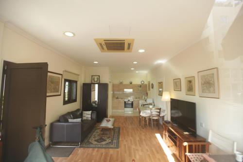 uma sala de estar com um sofá e uma televisão em Nicosia Luxury Studio em Nicósia
