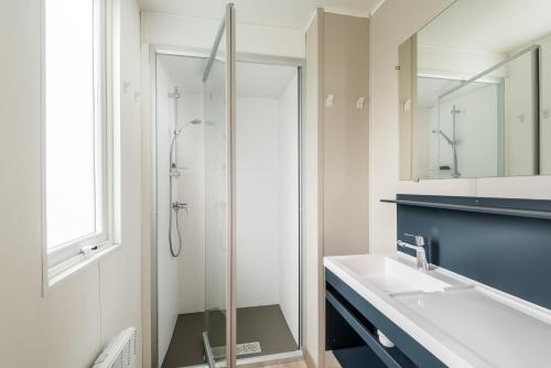 een badkamer met een wastafel en een douche bij Chalet O'hara in Bilthoven