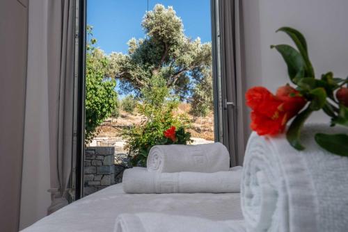 a bedroom with a bed and a window with a view at Villa Galliki in Kamilari