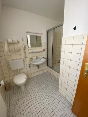 a bathroom with a toilet and a sink at Hotel Seehaus in Horn-Bad Meinberg