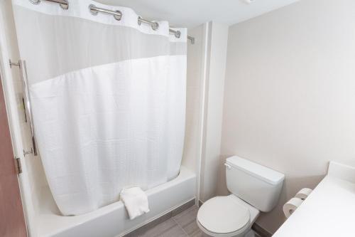 a white bathroom with a toilet and a shower at Holiday Inn Express & Suites Arlington North – Stadium Area by IHG in Arlington