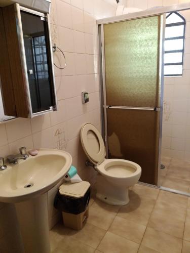 a bathroom with a toilet and a sink and a shower at Sitio Mogi das Cruzes in Taiaçupeba