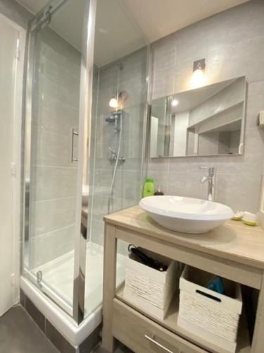 ein Bad mit einem Waschbecken und einer Glasdusche in der Unterkunft Montparnasse Cozy Flat in Paris