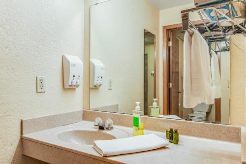 a bathroom with a sink and a mirror at Chula Vista Villas in Wisconsin Dells