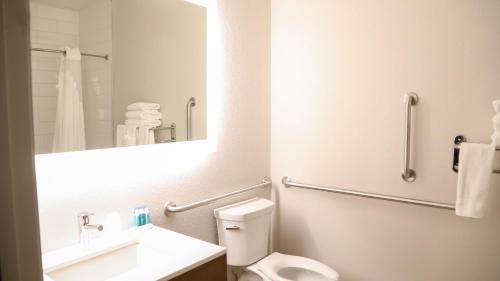 a bathroom with a toilet and a sink and a mirror at Holiday Inn Express & Suites Colorado Springs North by IHG in Colorado Springs