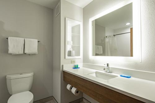 ein Badezimmer mit einem WC, einem Waschbecken und einem Spiegel in der Unterkunft Holiday Inn Express & Suites Chattanooga - East Ridge, an IHG Hotel in Chattanooga
