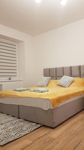 1 cama grande en un dormitorio con una pared blanca en Avalon apart 1 en Legnica