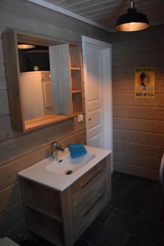 a bathroom with a sink and a mirror at Norbel Hytte Norway in Vradal