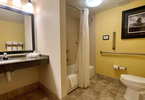 a bathroom with a toilet and a sink and a shower at Holiday Inn Express Hotel & Suites Charleston-Ashley Phosphate by IHG in Charleston