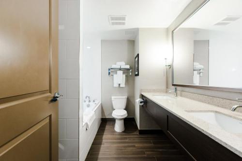 a bathroom with a toilet and a sink and a mirror at Holiday Inn Express & Suites Spruce Grove - Stony Plain by IHG in Spruce Grove