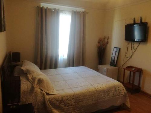 a bedroom with a bed and a window with a television at PROPIEDADES AL GO ex Propiedades Marsella in Santiago