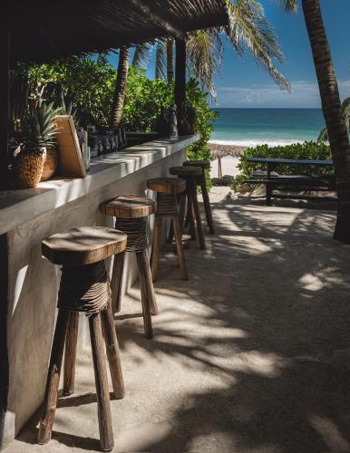 a row of wooden stools sitting next to the beach at NEST Tulum in Tulum
