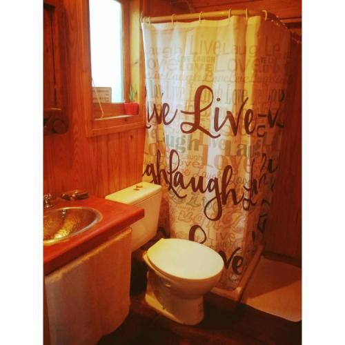a bathroom with a toilet and a shower curtain at El Canto de la Ballena Bungalow 2 niveles in Puerto Pirámides