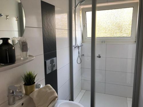 La salle de bains est pourvue d'une douche et d'un lavabo. dans l'établissement Hotel Berghof by 42, à Coblence