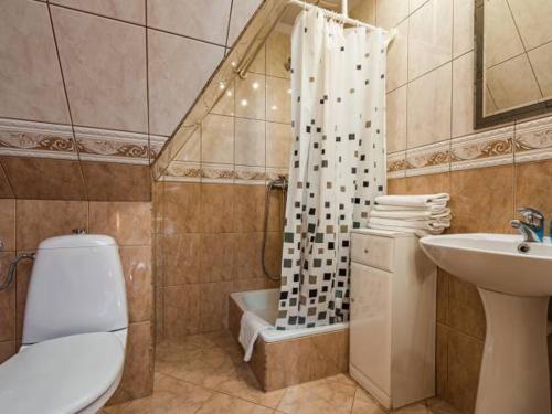 a bathroom with a toilet and a shower and a sink at Apartament u Tomka in Zakopane