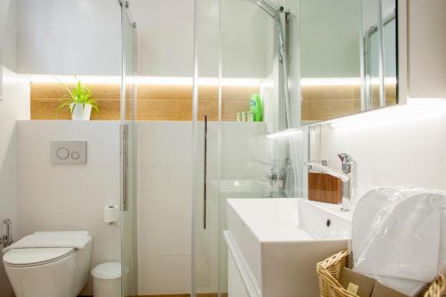 a bathroom with a shower and a toilet and a sink at Katerina's home in Heraklio Town