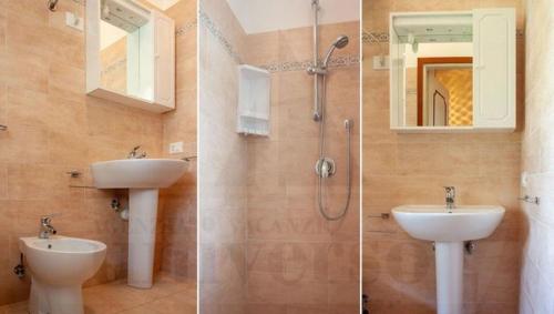 two pictures of a bathroom with a sink and a toilet at VILLA ROSA in Duna Verde