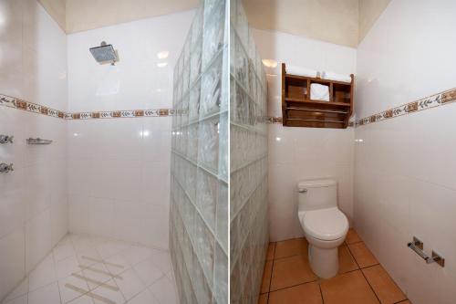 a bathroom with a toilet and a glass shower at Hotel Senorial in Querétaro