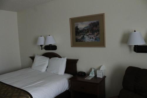 a hotel room with a bed and two lamps on the wall at Lone Tree Inn in Sidney
