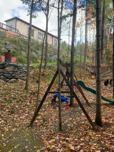 a playground with a swing set in the woods at Le Loft Riverstone CITQ 3O1849 in Saint Pierre de Broughton