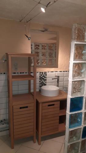 een badkamer met een wastafel en een aanrecht met een plank bij Gîtes chez Daniel "Provence" in Lorgues