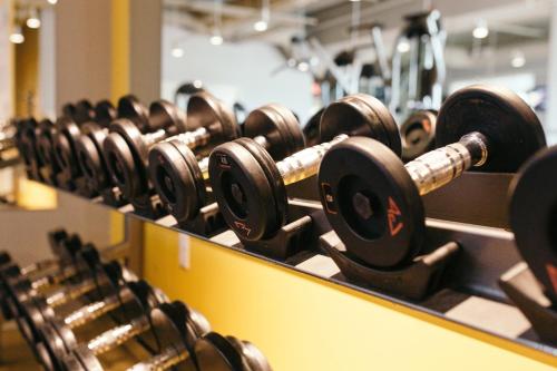 a row of dumbbells on display in a gym at Holiday Inn and Suites East Peoria by IHG in Peoria
