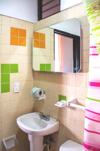 ein Badezimmer mit Waschbecken und Spiegel in der Unterkunft Hotel Flamingos in Guadalajara